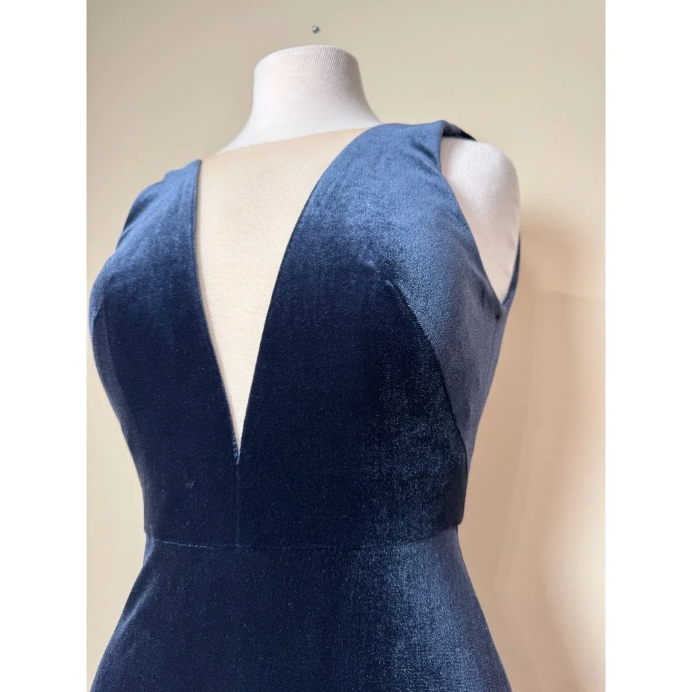 Jenny Yoo Velvet‎ Plunge Gown Womens Sz 0 Navy Blue Formal Maxi Bridesmaid Dress